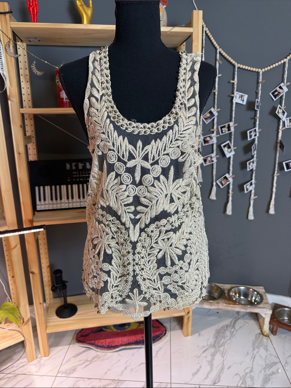 The Vintage Shop Black Tank Top with Ivory Beaded Floral Embroidery